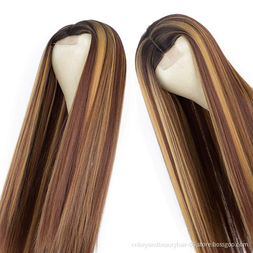 Highlights Blonde Wig Synthetic Long Straight Hair Middle Part Heat Resistant Full Cheap Synthetic Hair Wig With Lace Front